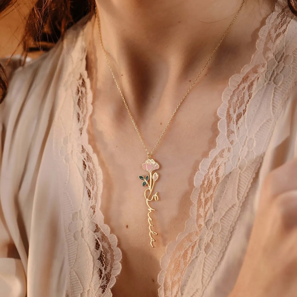Birth Flower Necklace - Kişiselleştirilmiş İsim Kolye Doğum Çiçek Özel